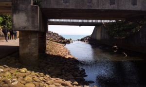 This is where the Huatoki meets the sea. This view is looking downstream. The walkway crosses above