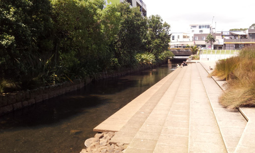 Looking upstream from the previous photo. This part of the Huatoki runs in front of Puke Ariki museum and Library