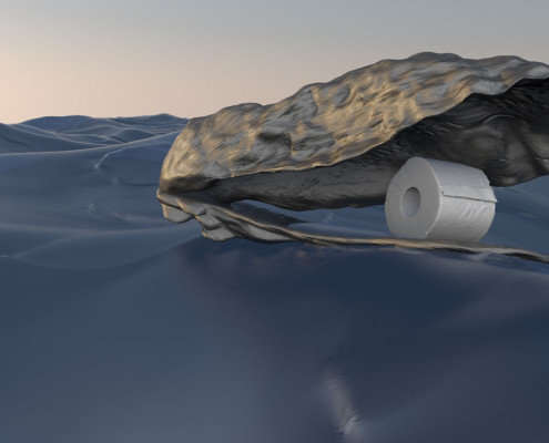 The large shell of an oyster floats on the water with a new roll of toilet paper balancing inside it.