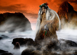 An atua or god stands in a misty landscape with a red sky in the background.