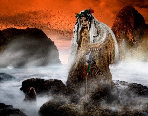 An atua or god stands in a misty landscape with a red sky in the background.