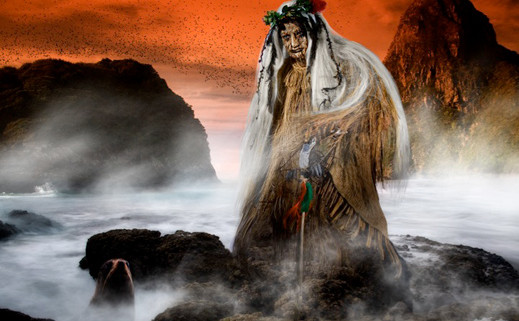 An atua or god stands in a misty landscape with a red sky in the background.