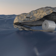 The large shell of an oyster floats on the water with a new roll of toilet paper balancing inside it.