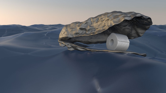 The large shell of an oyster floats on the water with a new roll of toilet paper balancing inside it.