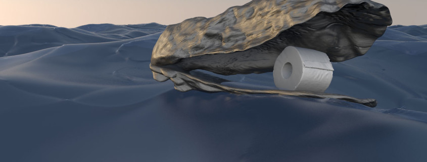 The large shell of an oyster floats on the water with a new roll of toilet paper balancing inside it.