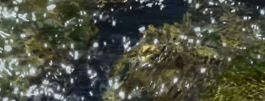 A still image of shimmering surface of moving river water.
